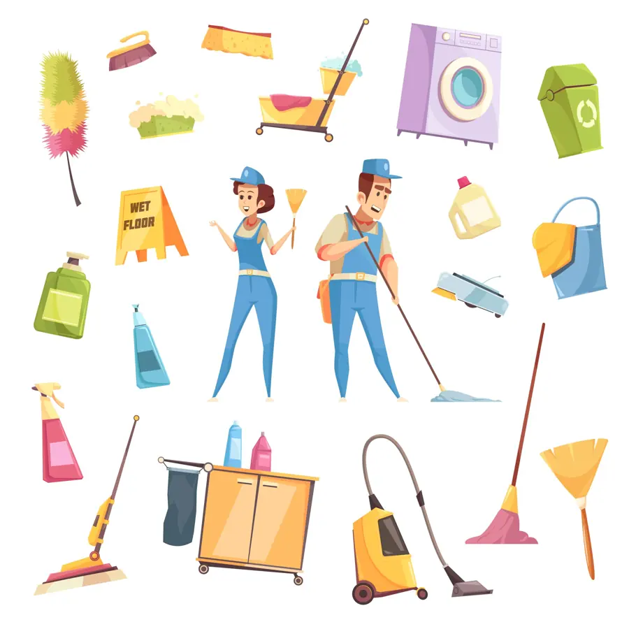 Illustratie van schoonmaakmiddelen en schoonmakers
